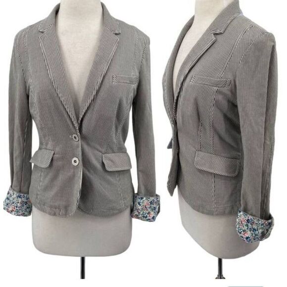 Anthropologie Jackets & Blazers - Anthropologie Allihop Striped Cotton 3/4 Sleeve Floral Cuff Jacket Women's M